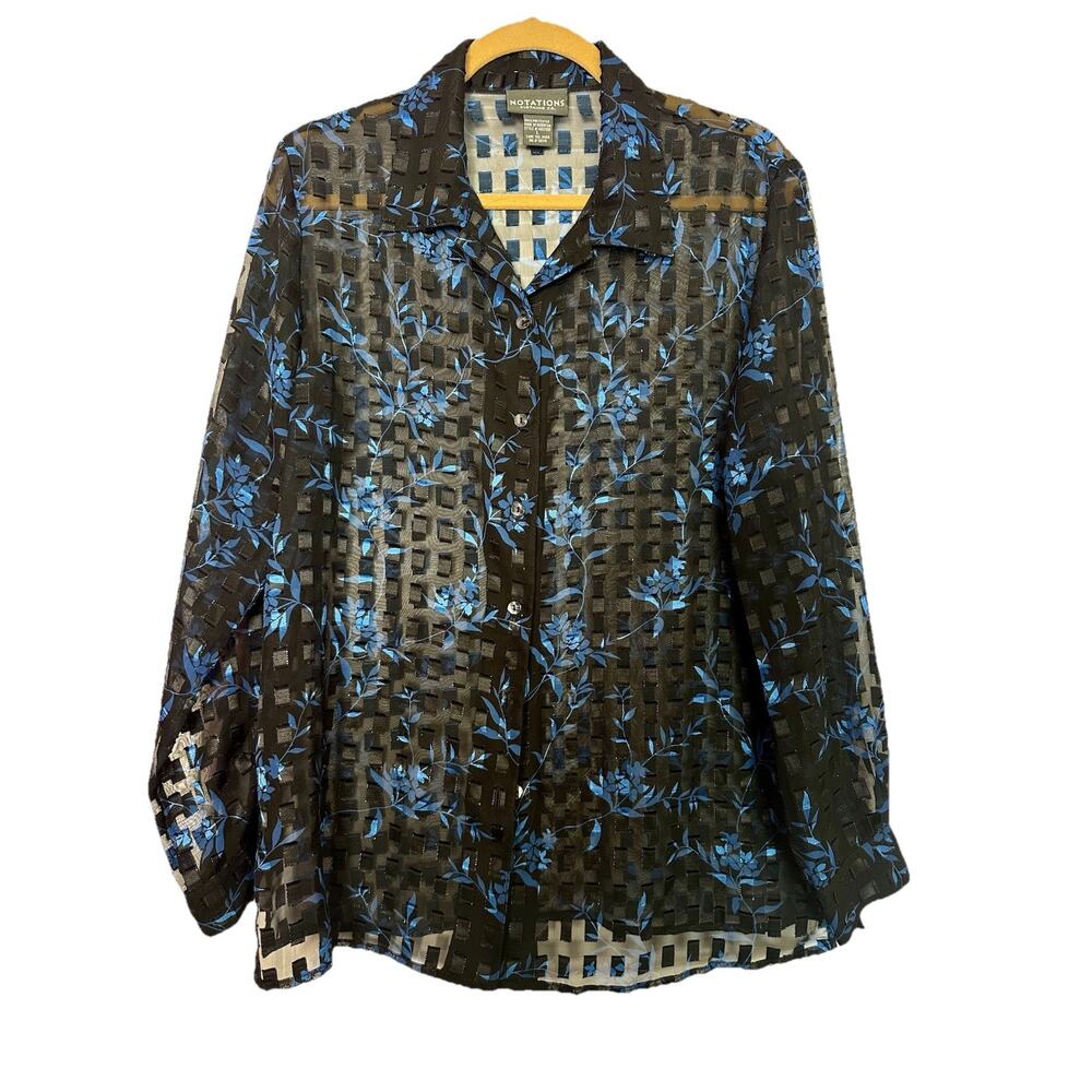 Notations Sheer Button Up Blouse Top Blue And Black With Floral Print Size L